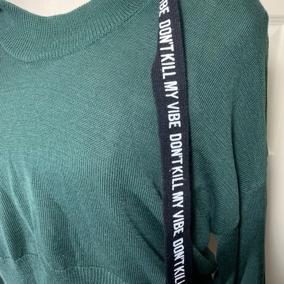 Green Cropped Knit Hoodie Sweater S Long Sleeve Streetwear Chunky Drawcord Shirt - Picture 5 of 8